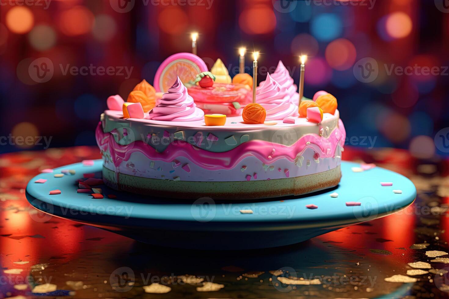 Birthday Cake with Lit Candles on Tray, Celebration Background. . photo
