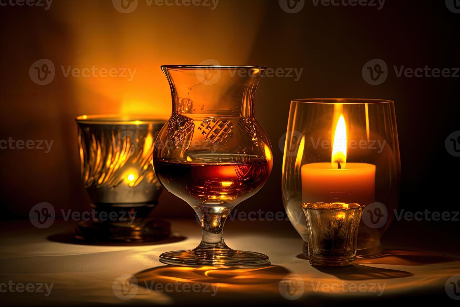 A Glass of Wine with Illuminate Candles at Dark Illustration. . photo