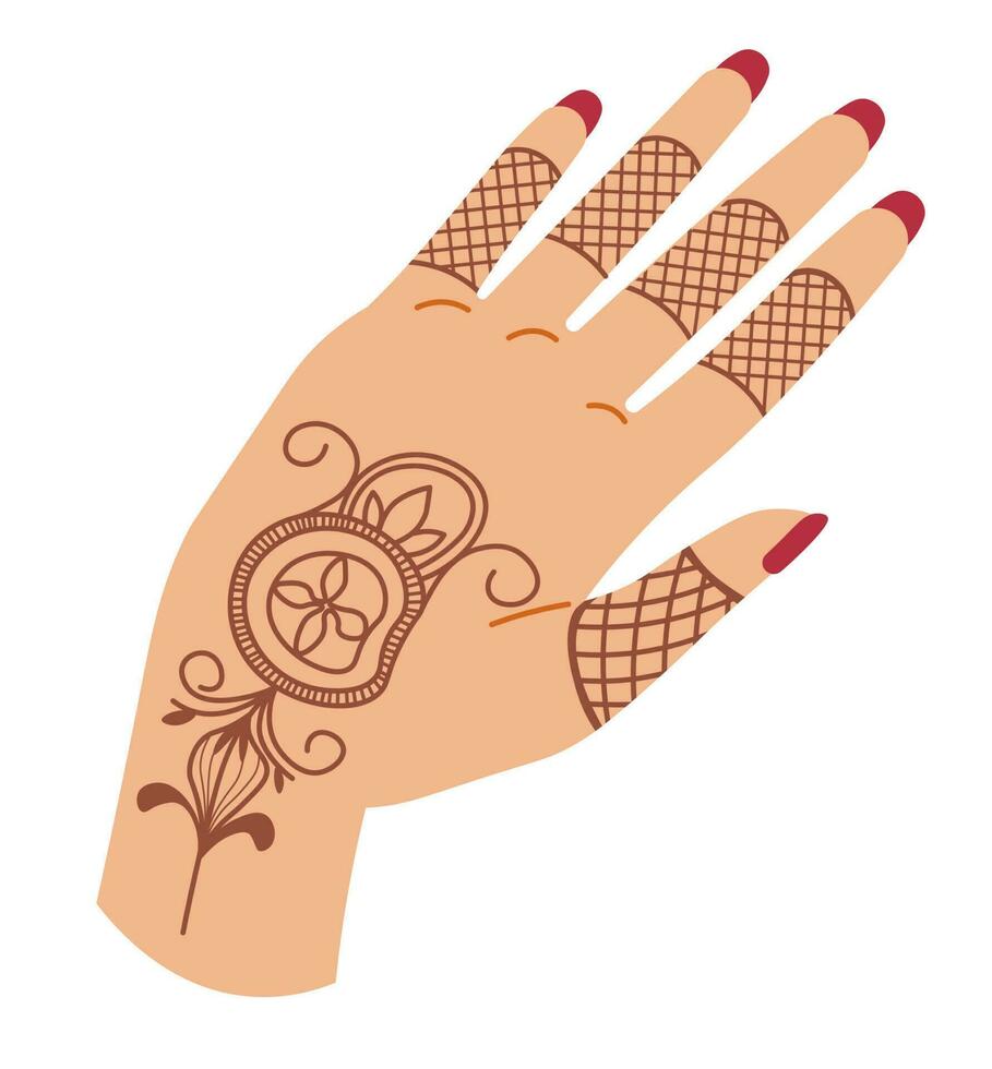 Hand of woman with henna drawing design vector