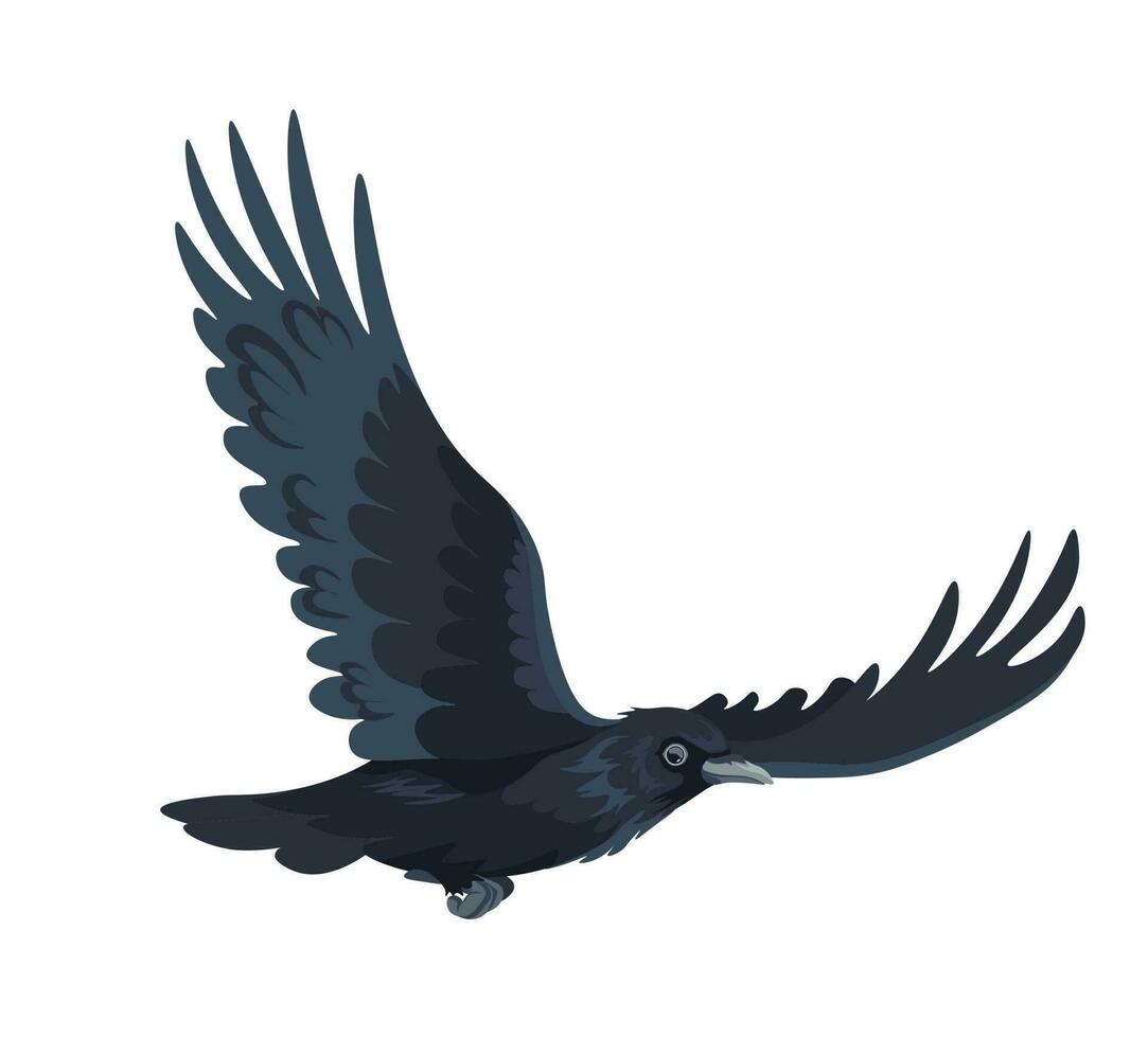 Large black bird, crow or raven in motion vector
