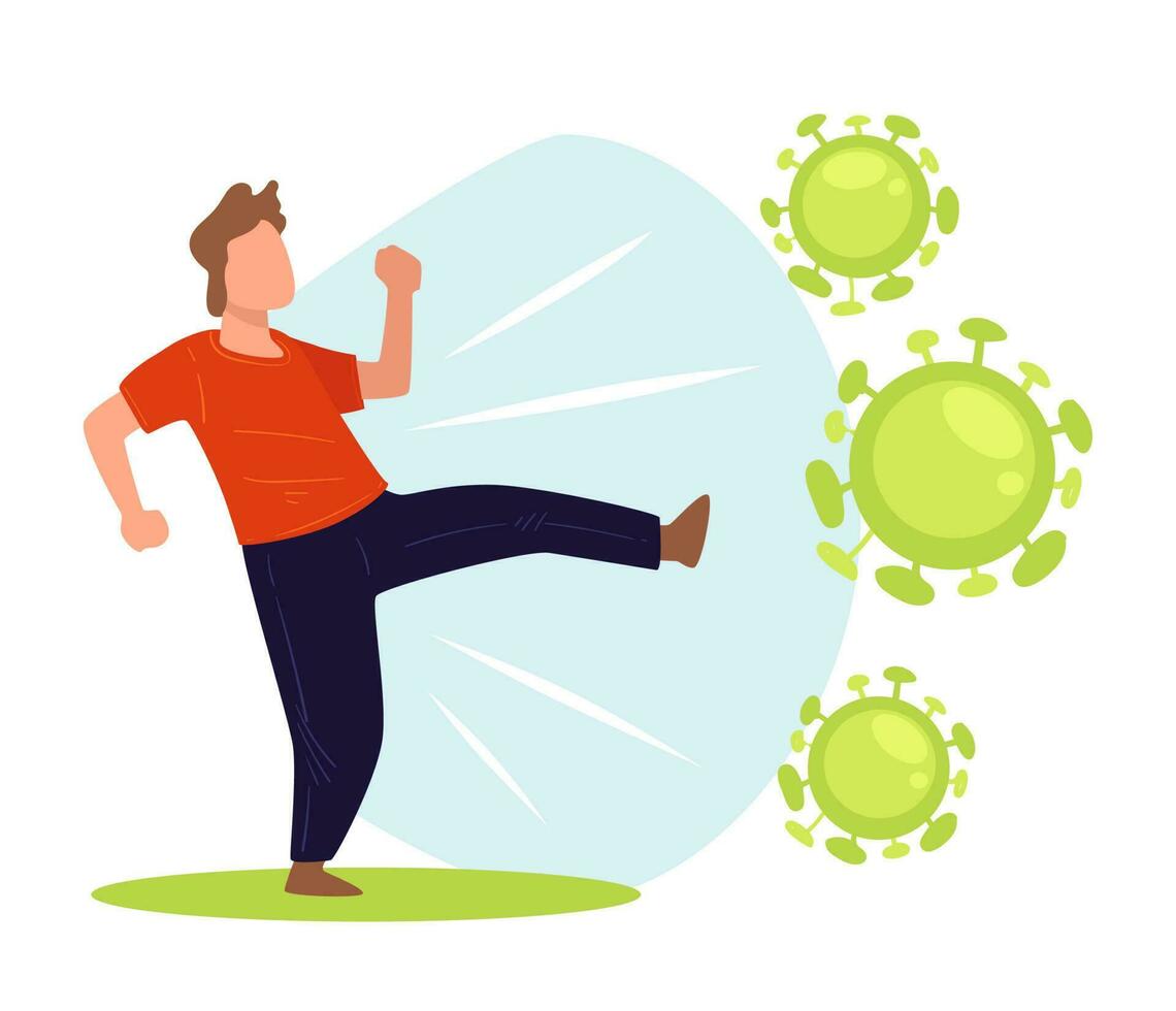 Male character fighting against coronavirus disease molecules vector
