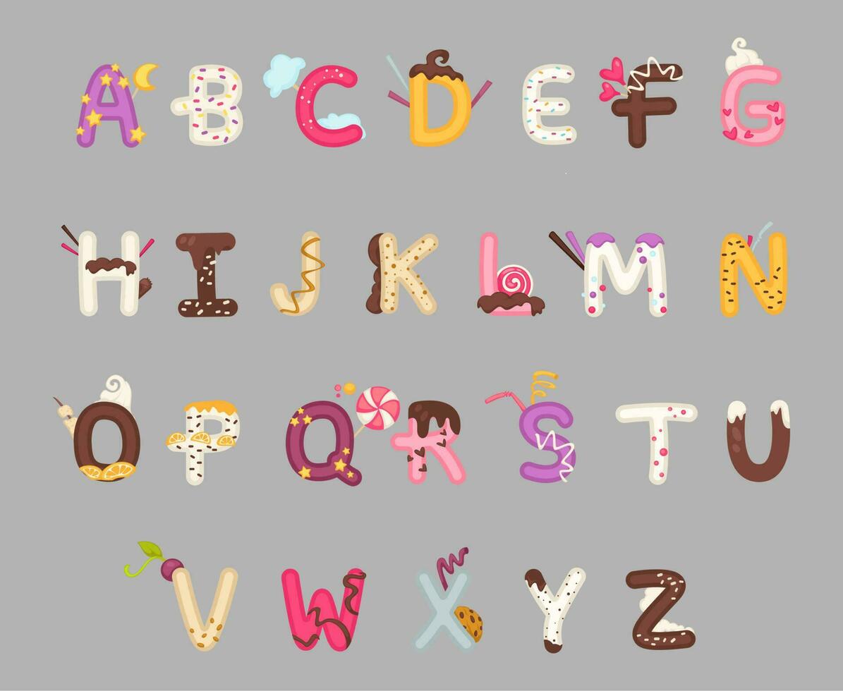 Colorful font set design with dessert elements vector