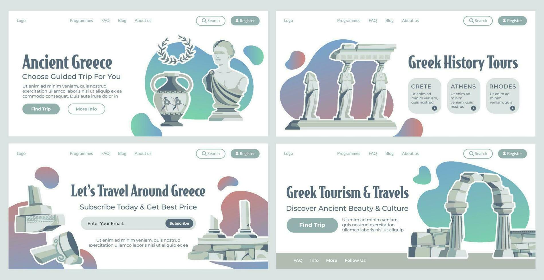 Landing page collection with ancient greece tour vector