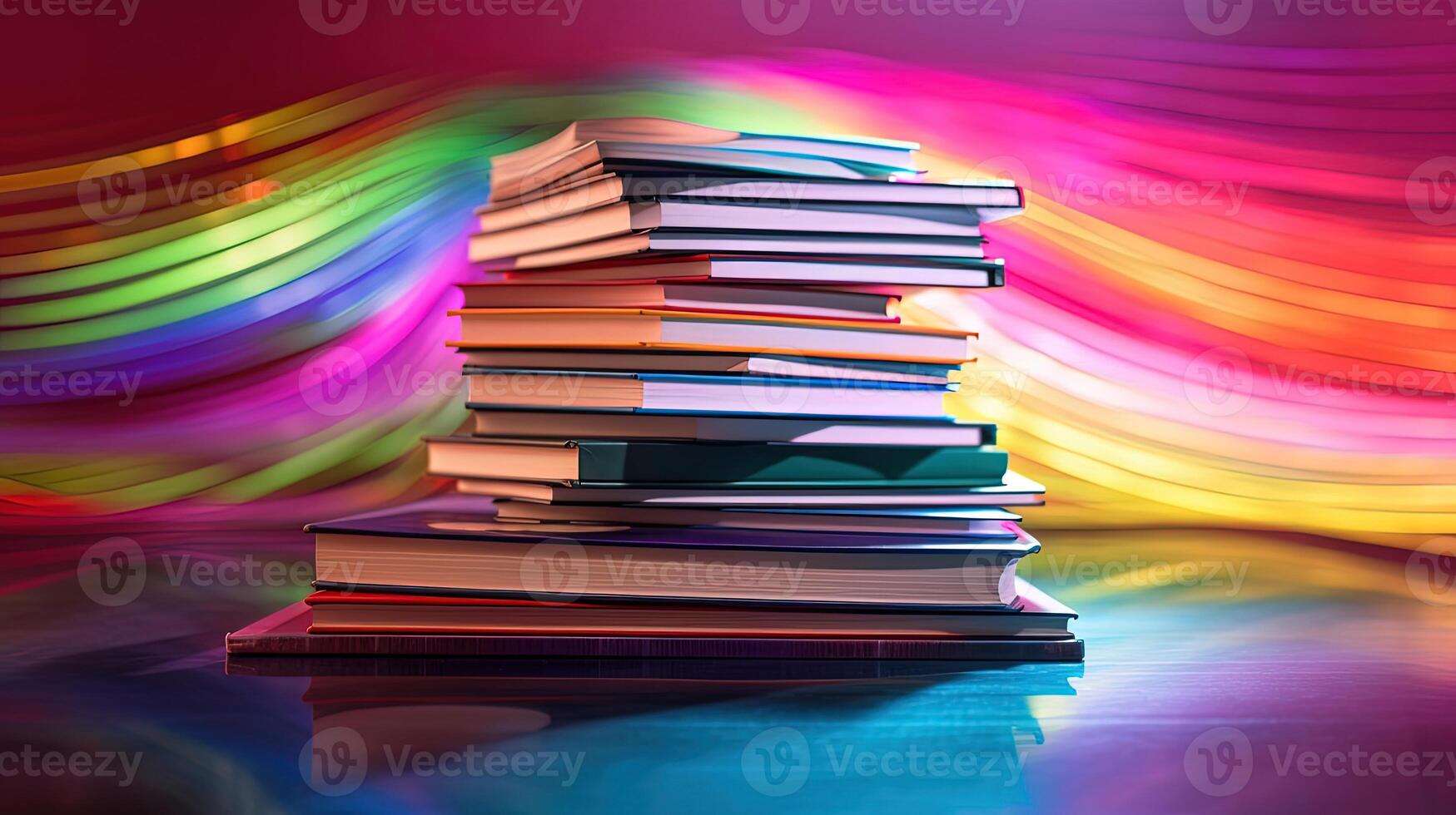 Stack of Books Against Rainbow Lights Abstract Background. Technology. photo