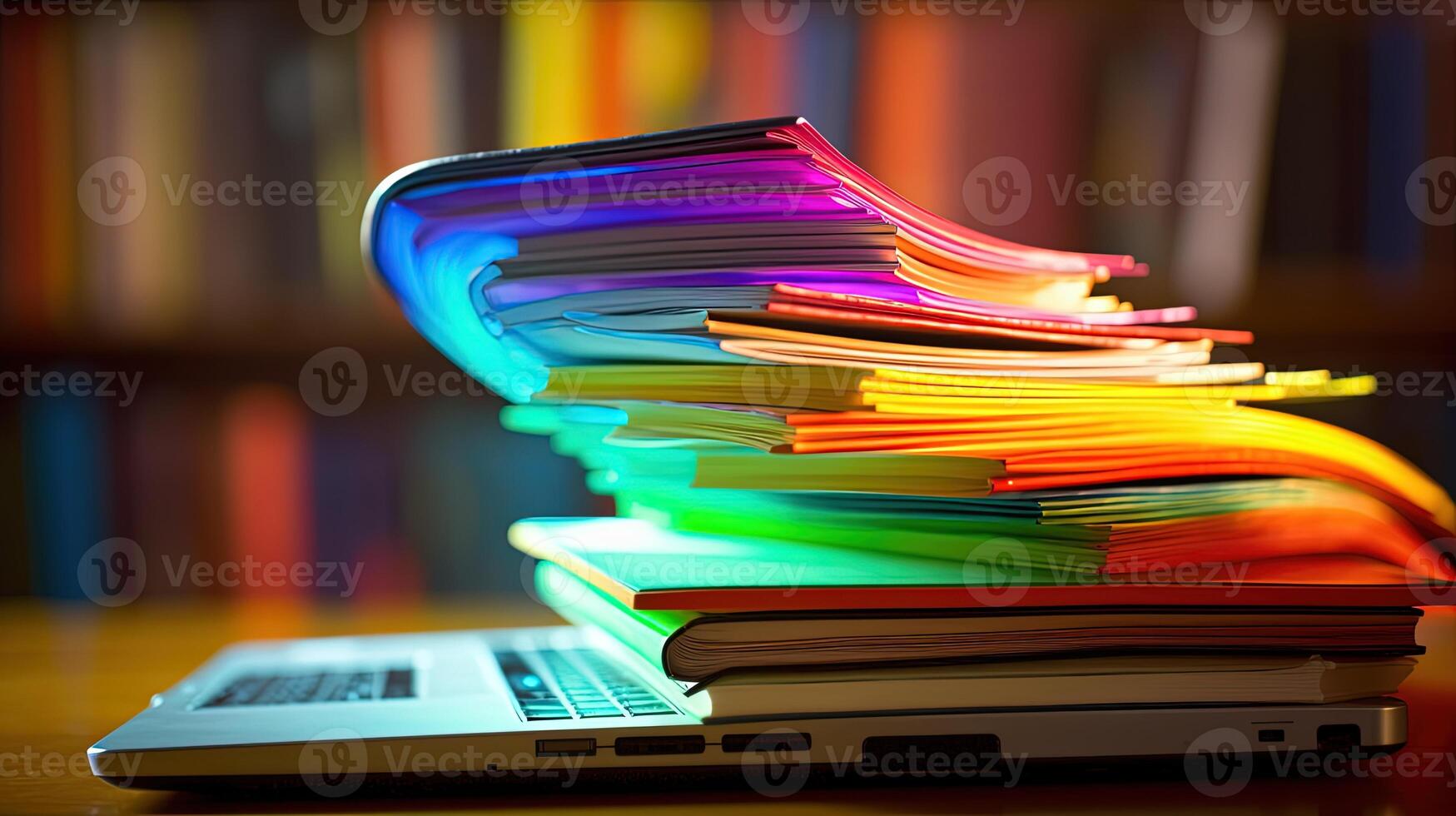 Shiny Colorful Stack of Books Sitting on Top of Laptop at Desk Illustration. E-Learning Concept. Technology. photo