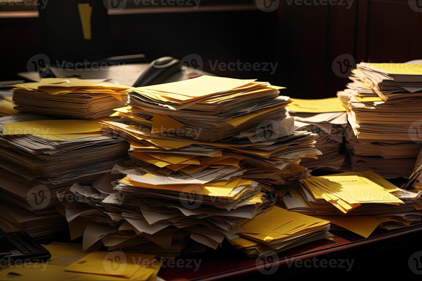 Piles of Paperwork or Unfinished Document, Files on a Desk, Heavy Workload. . photo