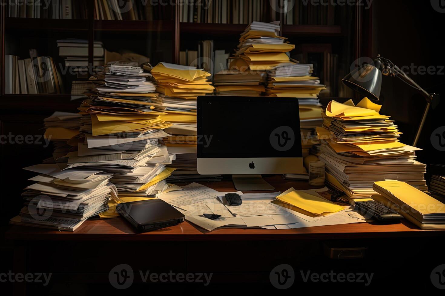 Giant Pile of Paperwork or Unfinished Documents Stacked on Office Desk with Desktop Screen. Created By Technology. photo