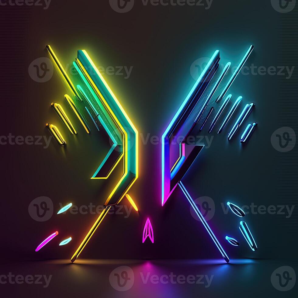 Abstract Colorful Neon Arrows Approach Each Other on Dark Wall, Created by Technology. photo