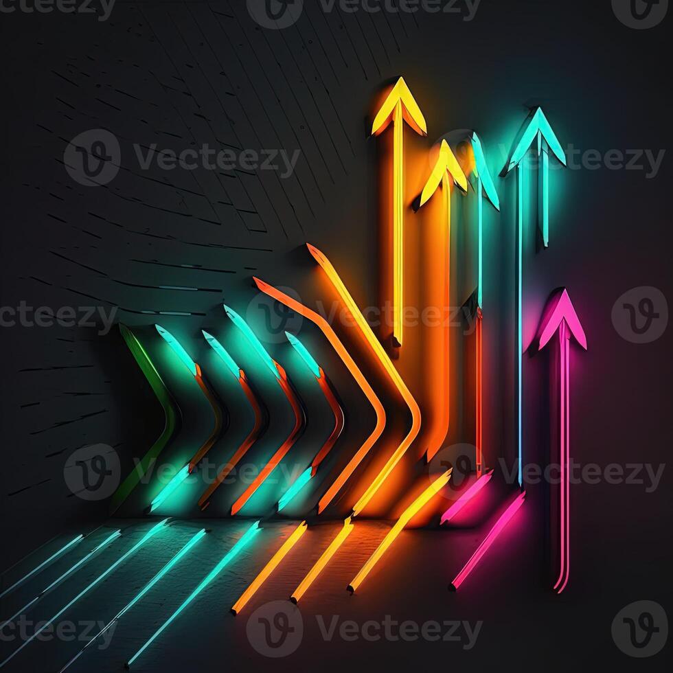 Abstract Colorful Neon Arrows on Dark Wall, Created by Technology. photo