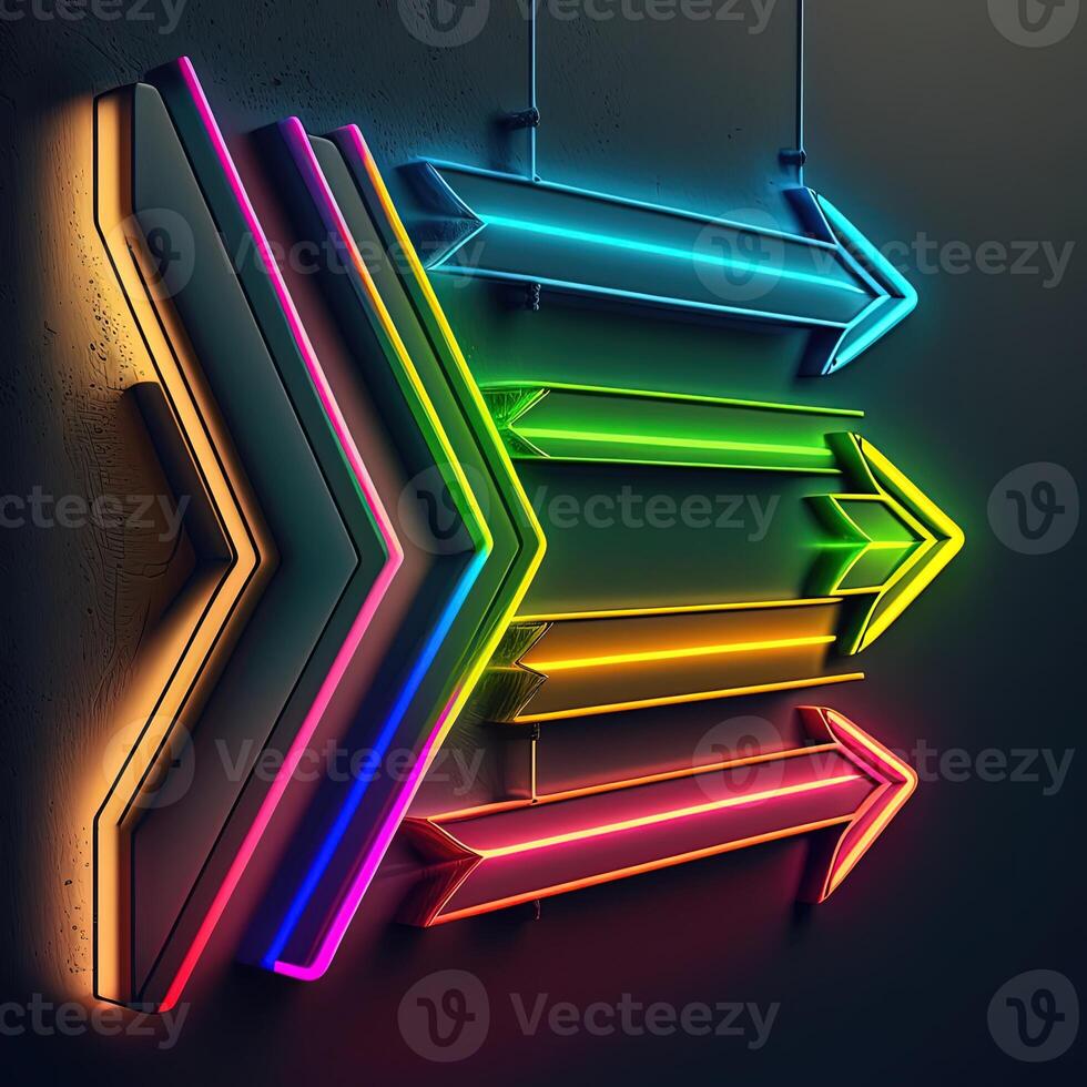 Abstract Colorful Neon Arrows on Dark Wall, Created by Technology. photo