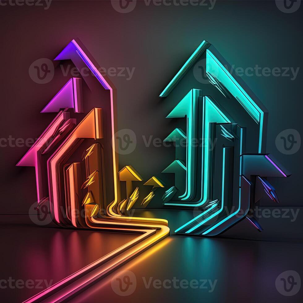 Abstract Colorful Neon Arrows on Dark Wall, Created by Technology. photo