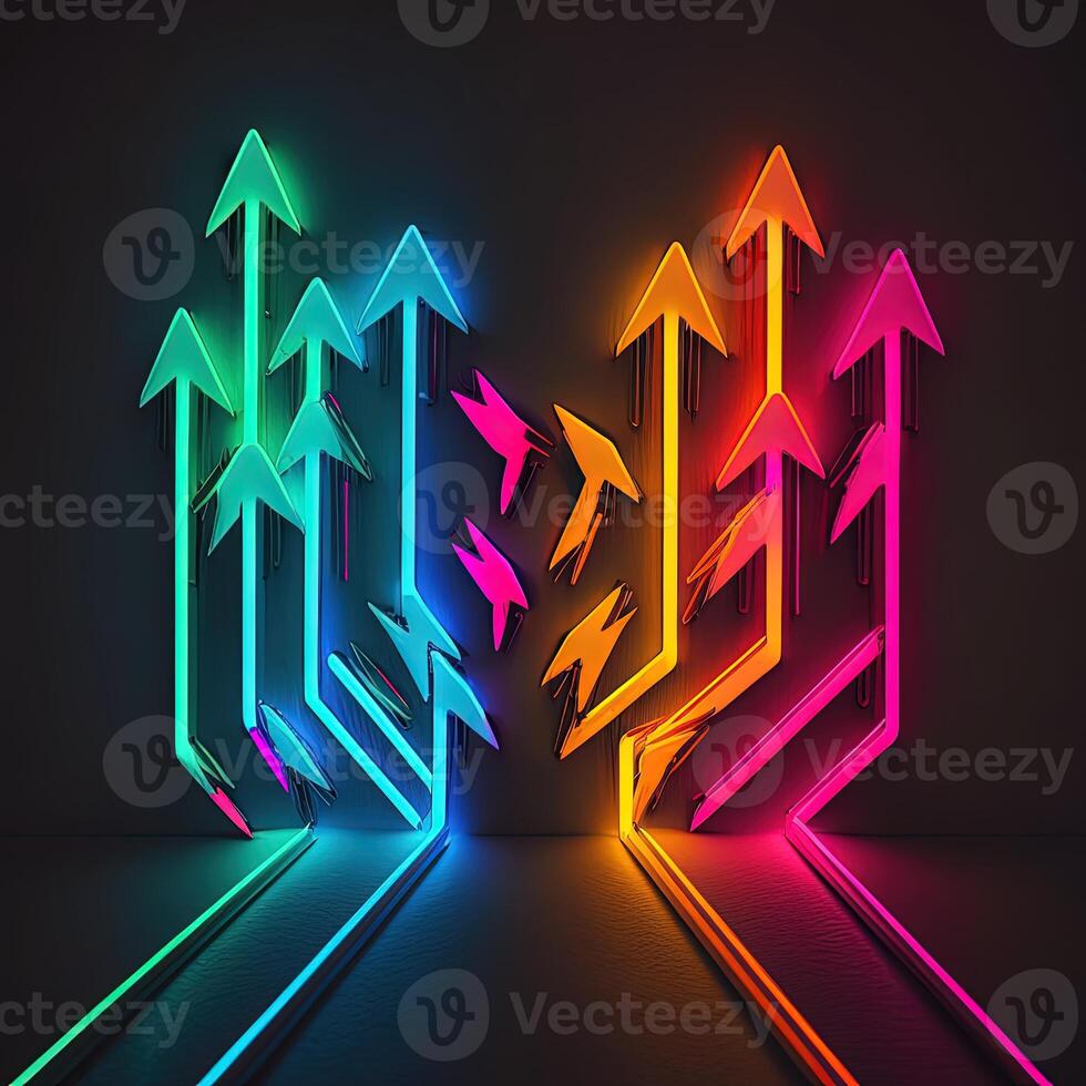 Abstract Colorful Neon Arrows on Dark Wall, Created by Technology. photo