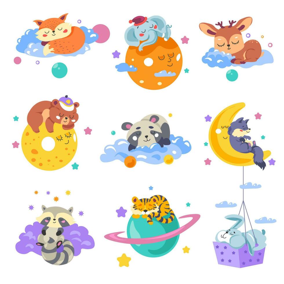 Sleeping animals and planets nursery characters vector