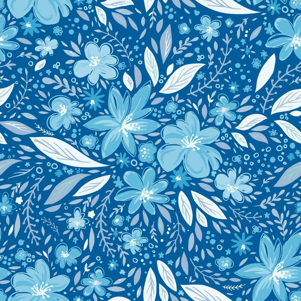 Blooming flowers and foliage, blossom pattern vector