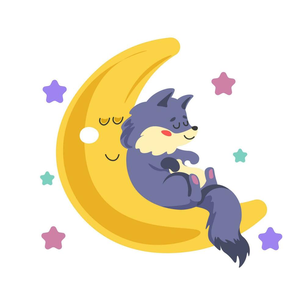 Sleepy wolf animal, character on crescent moon vector