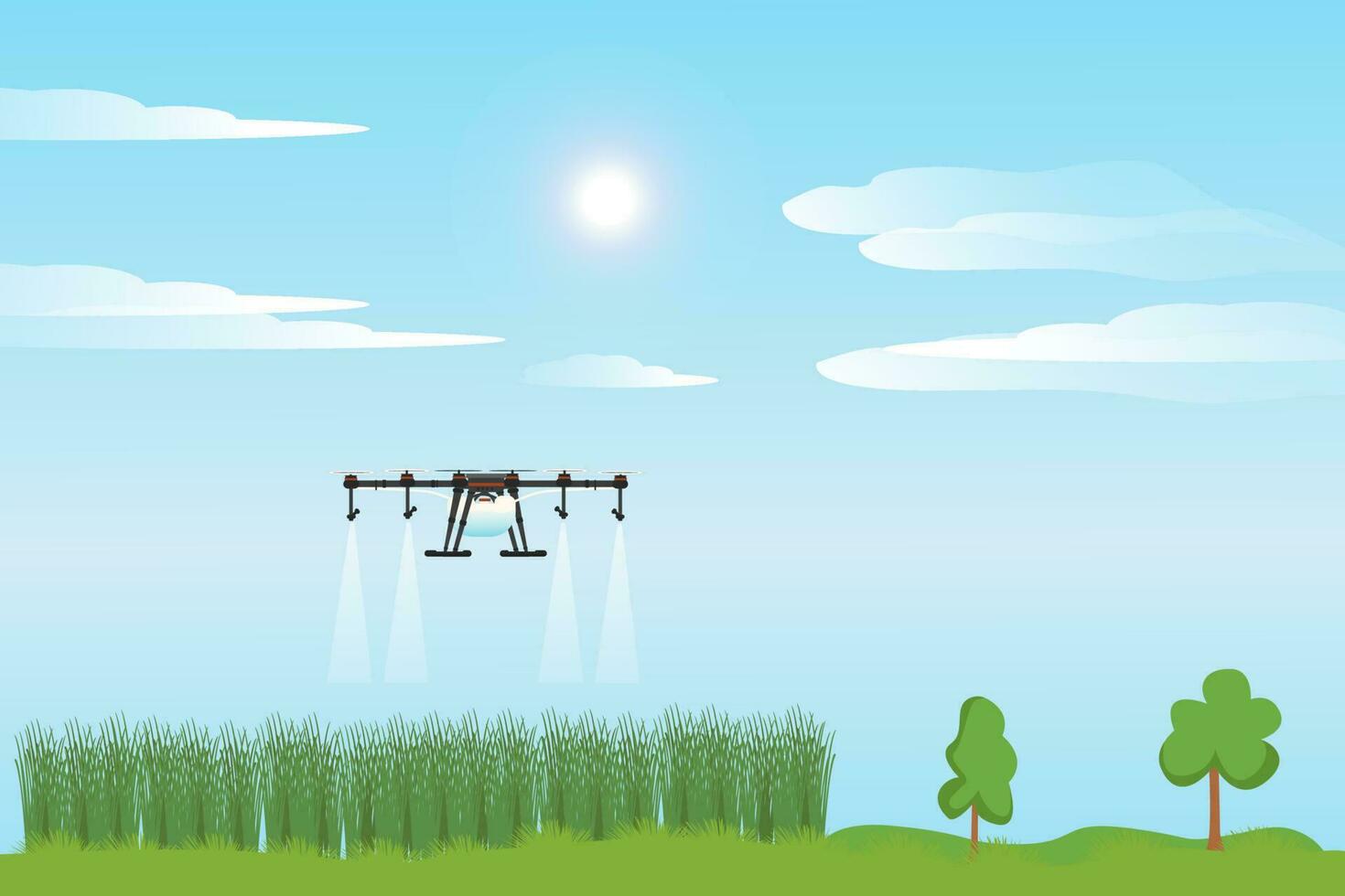 Drone robots to automate irrigation and spray liquid fertilizer in agriculture. Agricultural innovation technology or smart farming system concept. vector