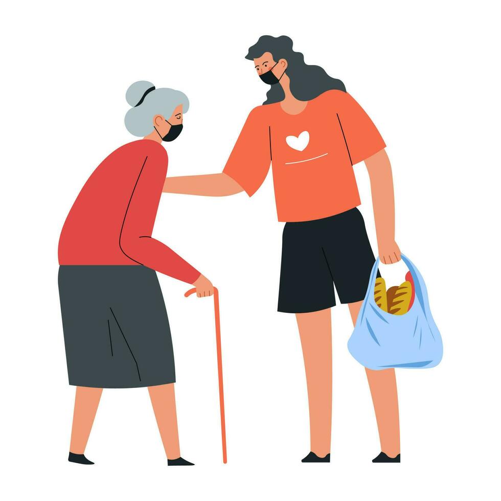 Volunteer helping senior lady to walk and carry products vector