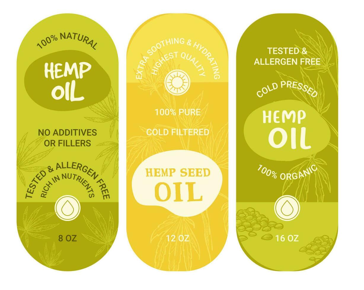 Hemp oil, emblems or labels for packages logo vector