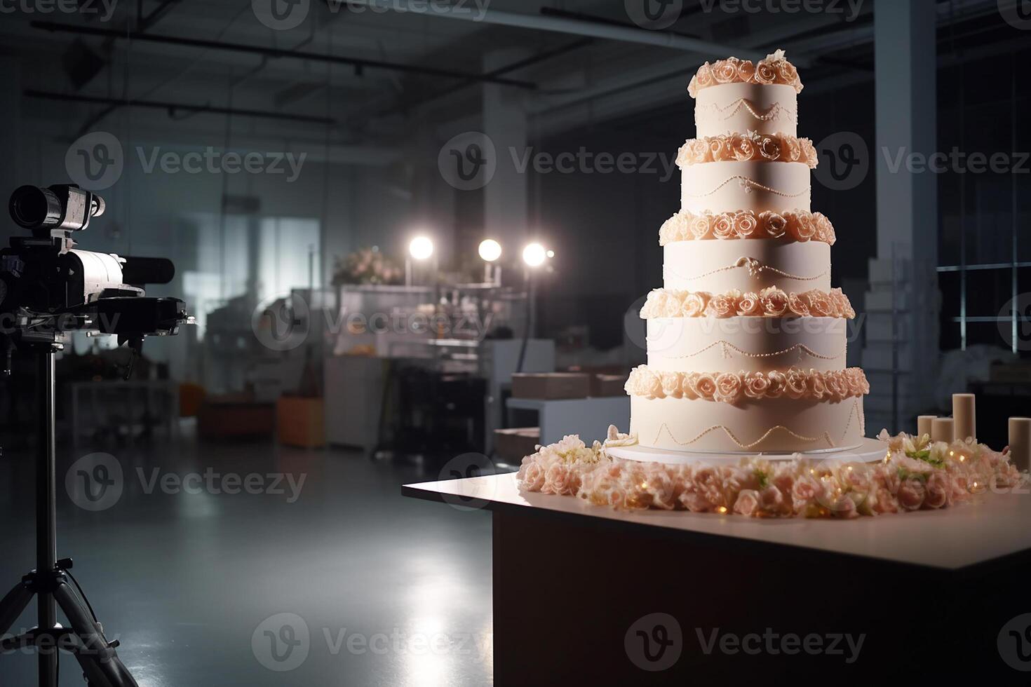 Large wedding cake on the table in the banquet hall. photo