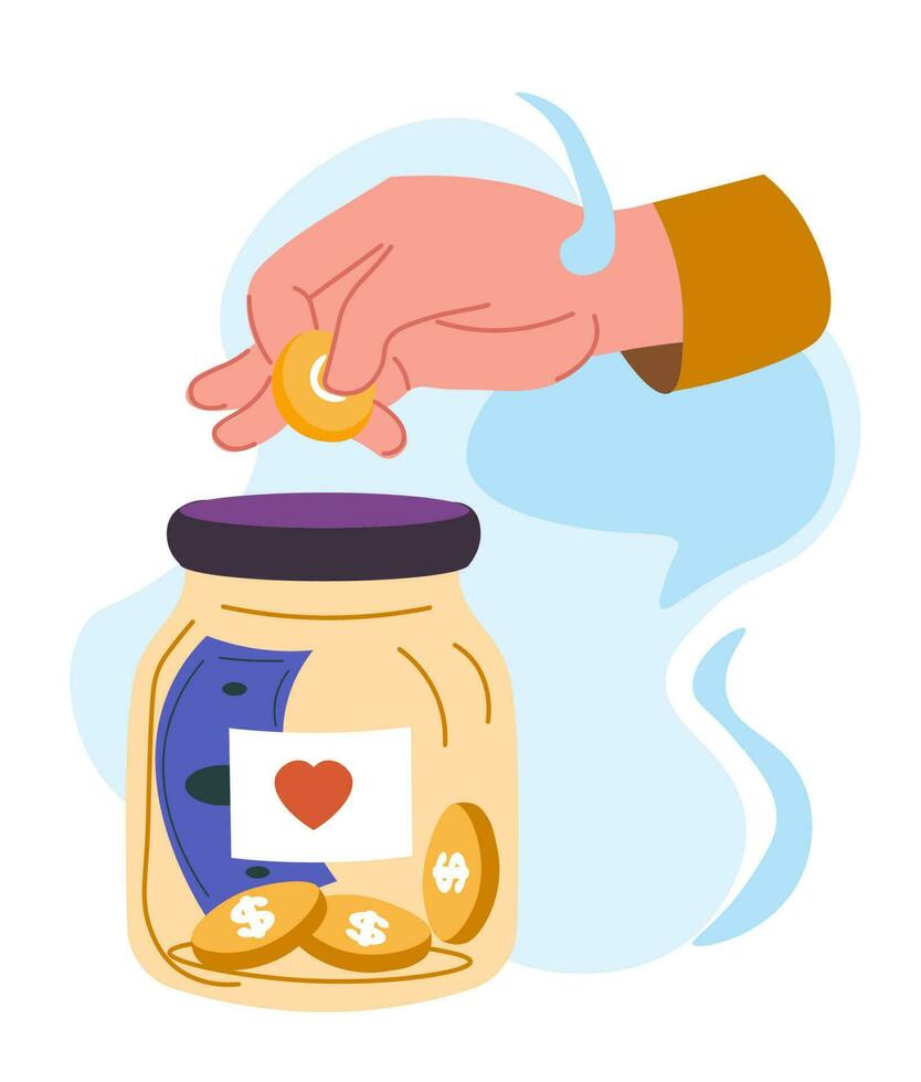 Charity and donation, giving money in jar vector