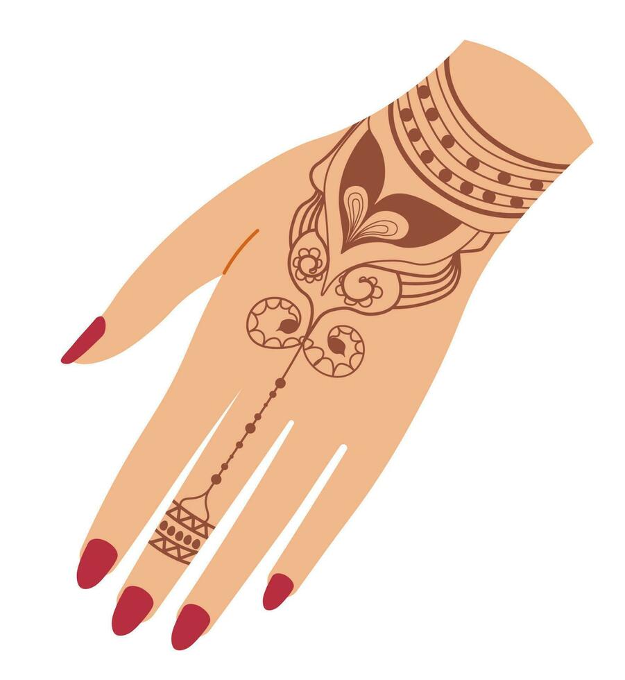 Hand with manicured nails and henna design vector