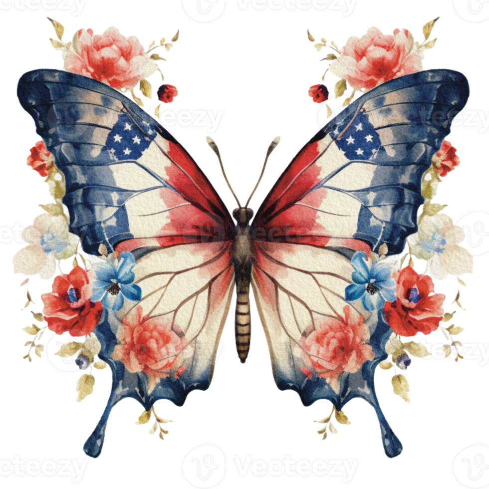 Butterfly in watercolor for 4th of July American independence day with png