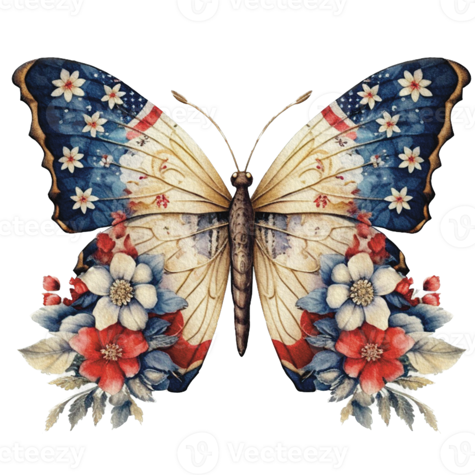 Butterfly in watercolor for 4th of July American independence day with png