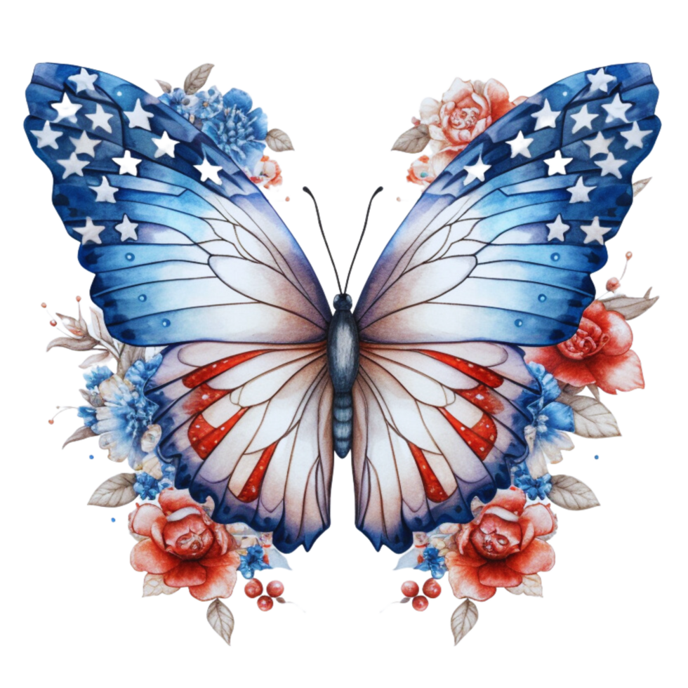 Butterfly in watercolor for 4th of July American independence day with AI genaerated png