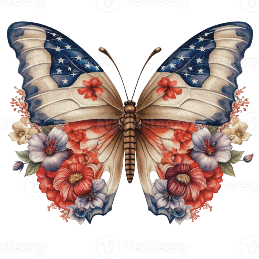 Butterfly in watercolor for 4th of July American independence day with png