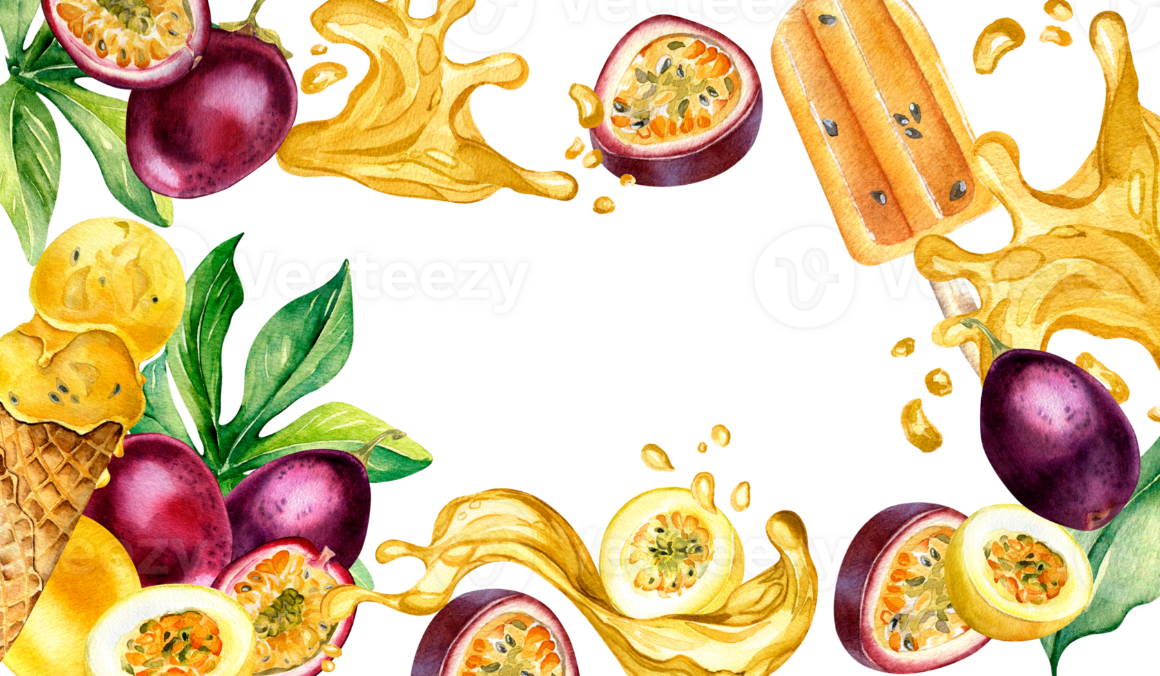 Frame with passion fruits, ice-cream watercolor illustration. Maracuja, juicy splash hand drawn. Design element for wrapping, menu, smoothies, ice-cream, packaging, tableware. png