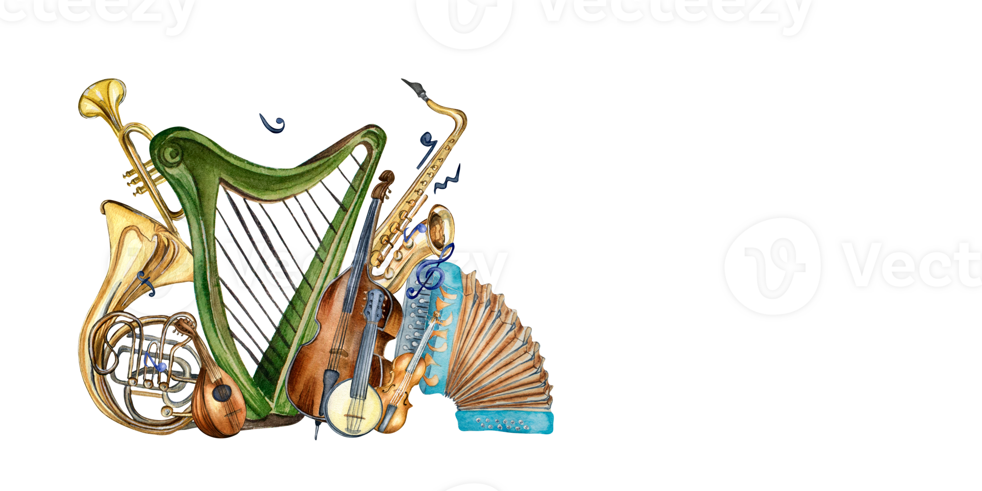 Harp, violin, contrabass and banjo, accordion watercolor illustration. Stringed musical instruments hand drawn. Design element for flyer, live concert events, brochure, poster, composition png