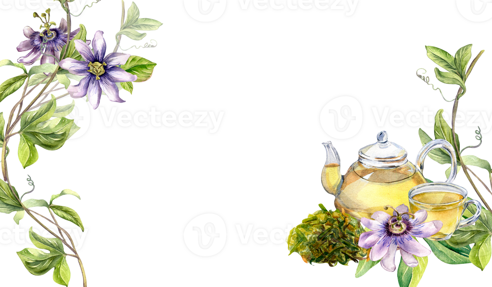 styrelse av glas tekanna och kopp, passionen blomma, stam vattenfärg illustration. ört- te, hälsa dryck, maracuja, blomma hand ritade. design för omslag, meny, förpackning, baner. png