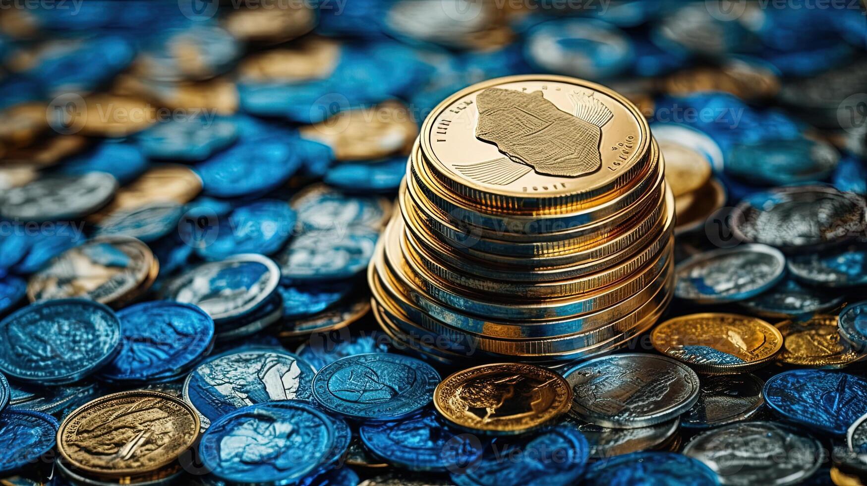 mundo continentes mezclado monedas en antiguo plato montón en azul y dorado color. digital ilustración de cerca imagen. foto