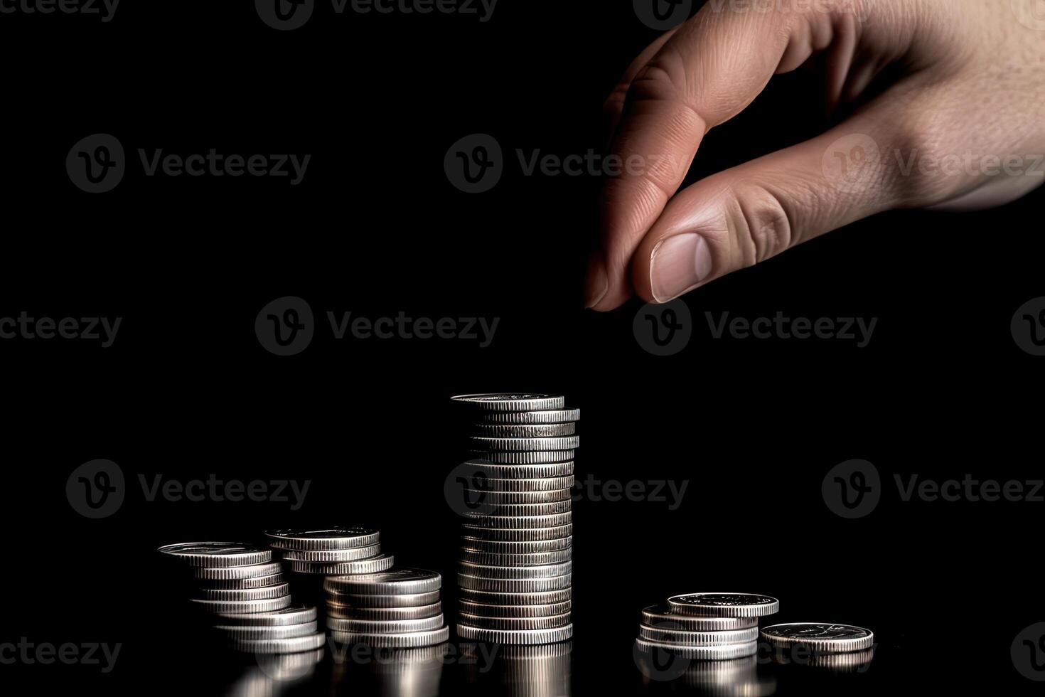 A Human Touching Penny Silver Coins Stack for Saving or Business Invest Concept. . photo