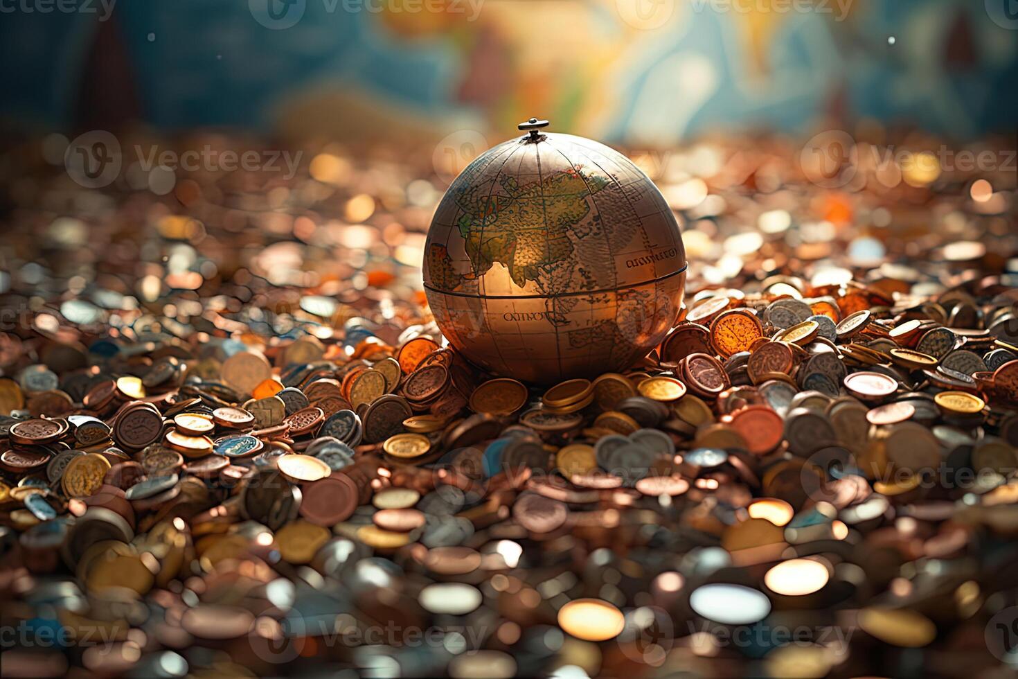 A World Globe Resting on Pile of Mixed Colorful Shiny Coins Illustration. . photo