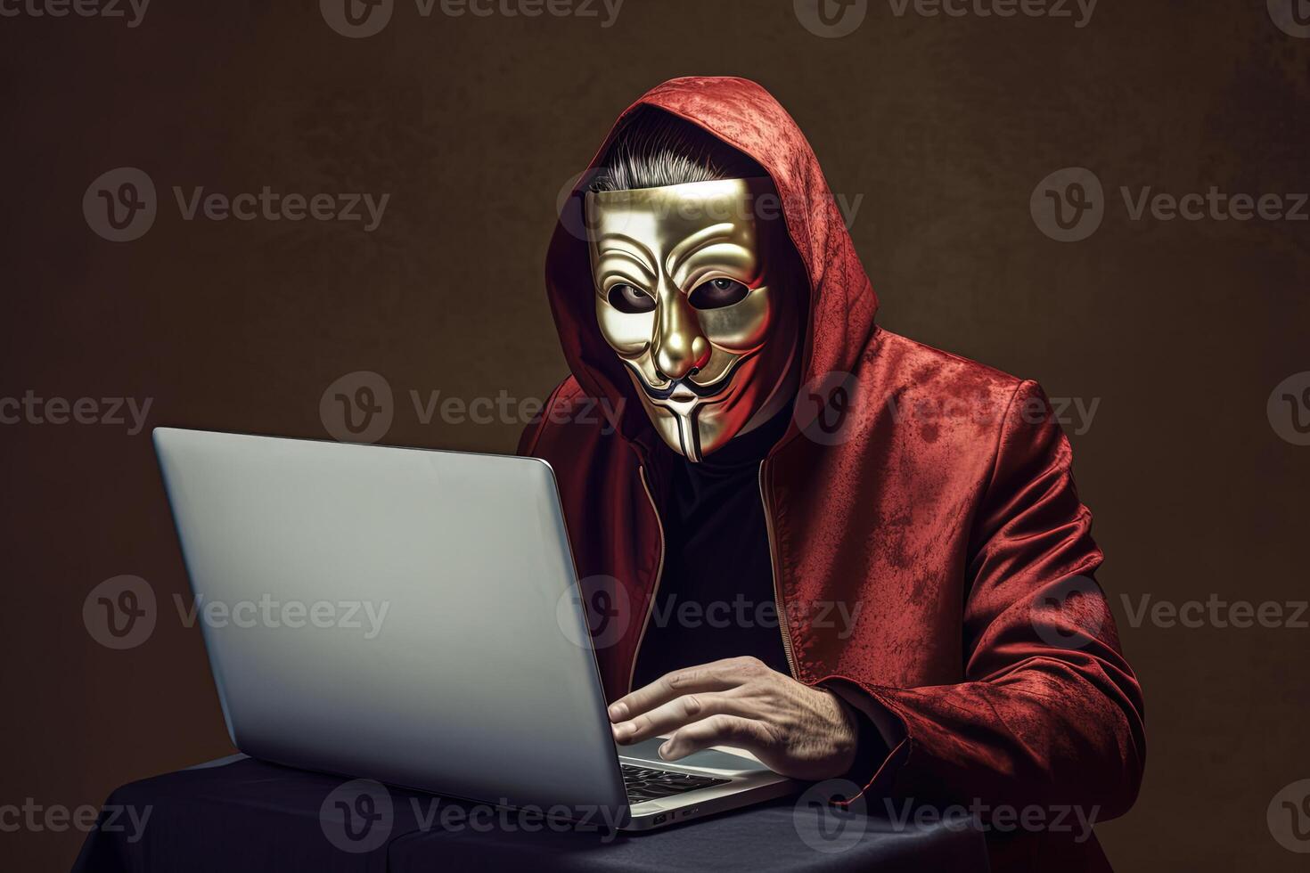 A Criminal Person Wearing Golden Mask with Brown Hoodie and Working on Laptop. Online Data or Information Stealer Concept. . photo