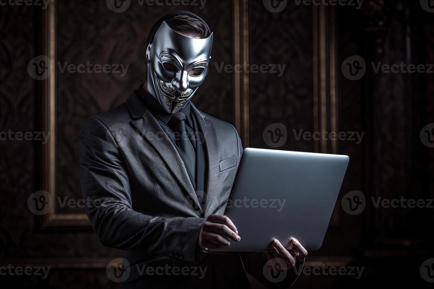 A Criminal Person Wearing Silver Mask with Black Suit and Working on Laptop at Dark Brown Room. Online Data or Information Stealer Concept. . photo