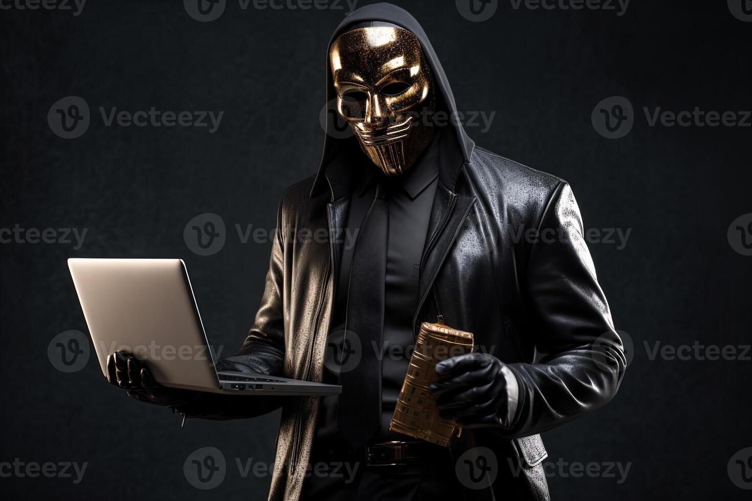 A Criminal Person Wearing Silver Mask with Black Jacket and Holding Laptop, Wallet or Payment Card. . photo