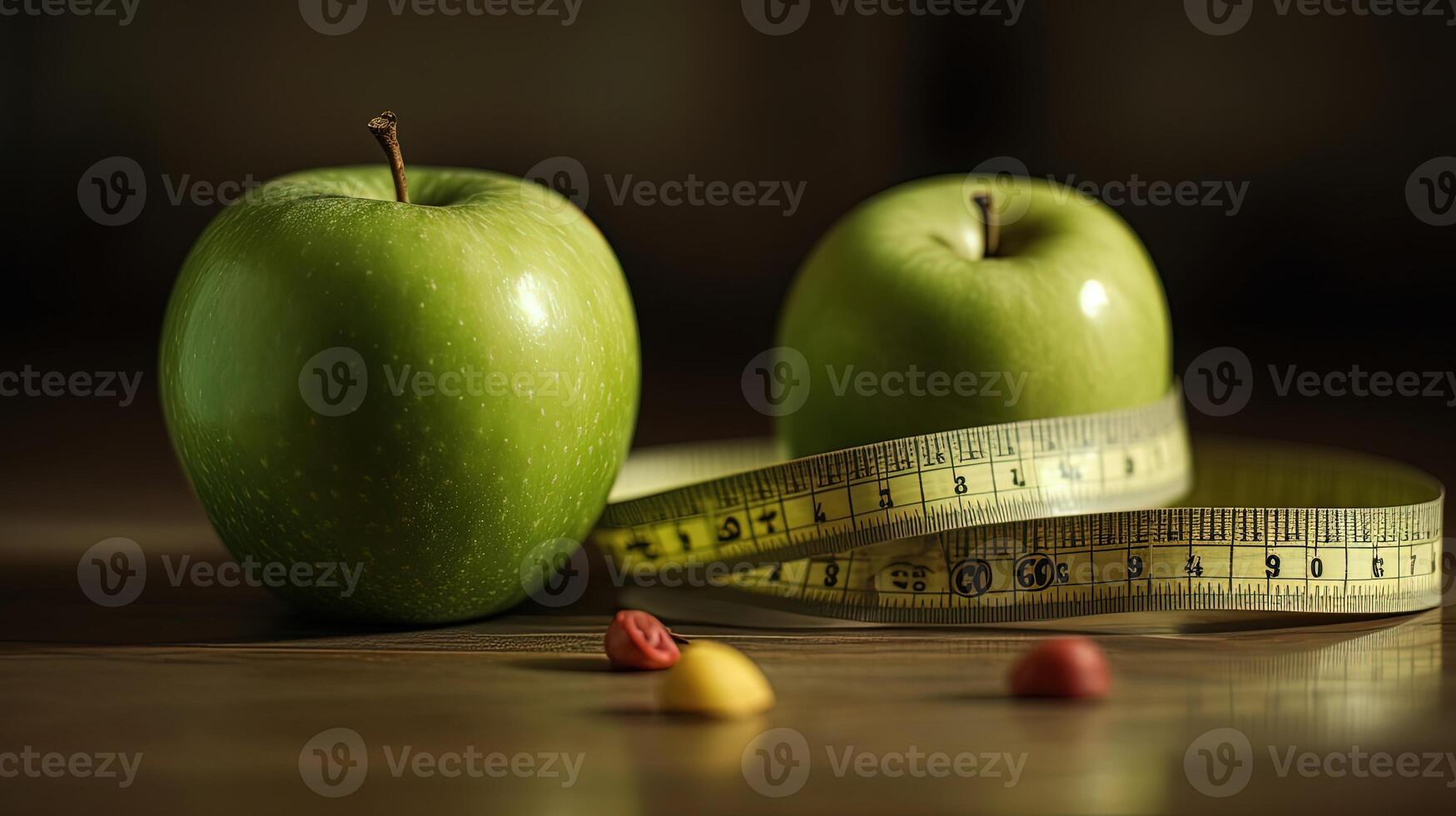 Two Green Apple Beside Bar of Measuring Tape on Shiny Brown Background. . photo