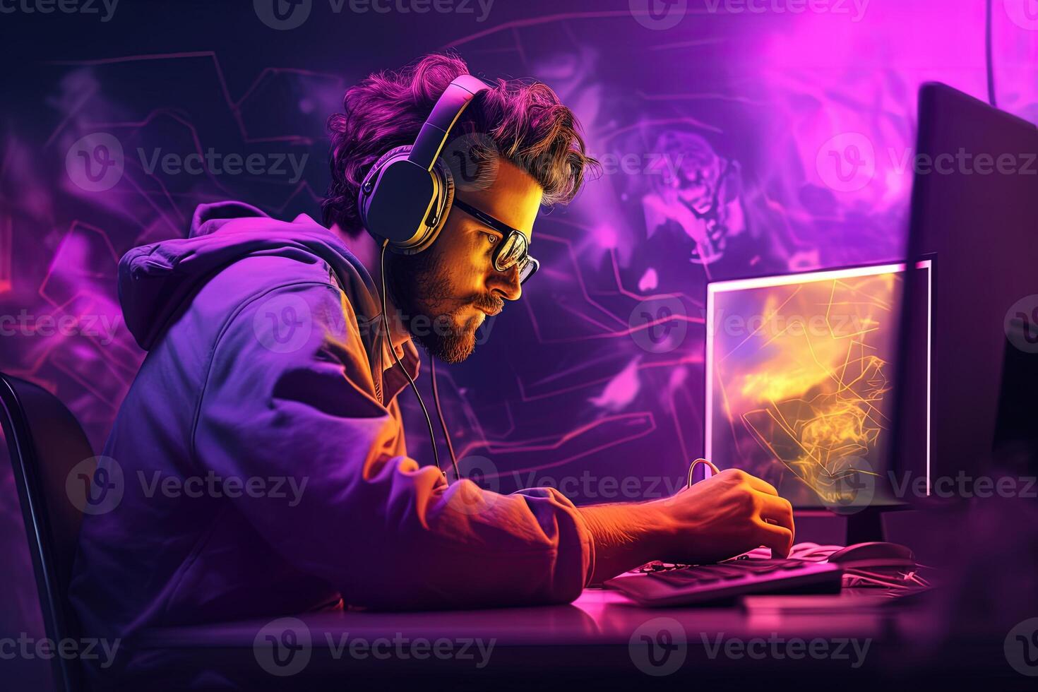 Side Look of Young Man Typing on Computer Keyboard with Wearing Headphone at Desk. Professional Streamer, Cyber Gamer Studio Room Concept. Created By Technology. photo