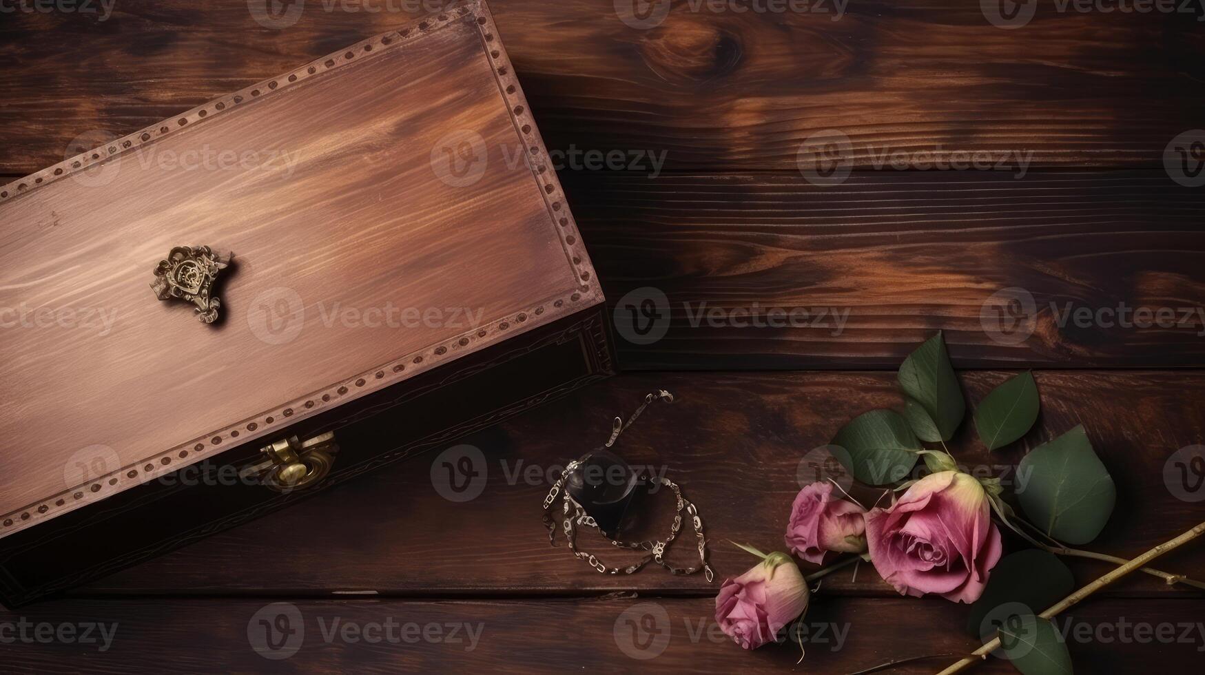 Closeup of Wooden Gift Box with Dried Roses and Jewelery on Brown Rustic Table Top. . photo