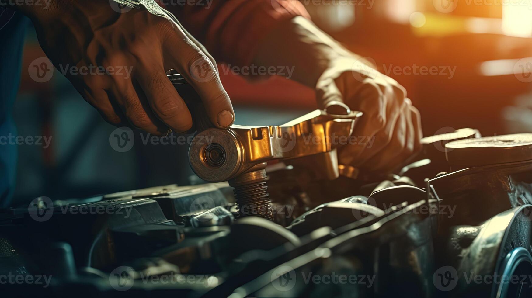 Closeup Hands of Mechanic Working on Machinery, Concept for Maintenance and Servicing. . photo