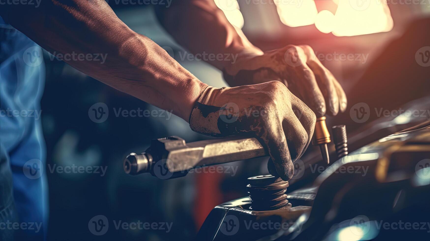 Closeup Hands of Mechanic Working on Machinery, Concept for Maintenance and Servicing. . photo