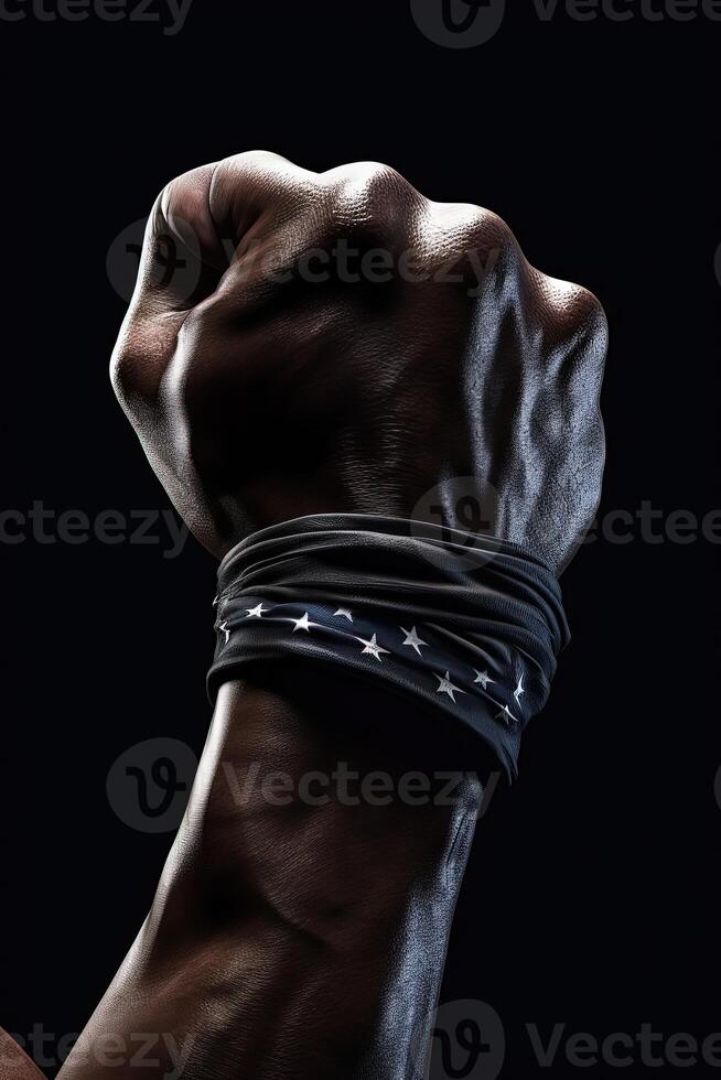 Closeup Photography of Raising Human Fist with USA National Flag on Dark Background, Concept of Protest Resistance, Standing Up for Beliefs Fighting and Justice. . photo