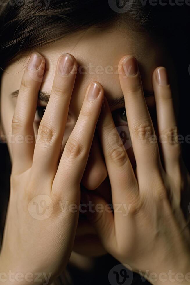 Closeup Photography of Young Woman Covering Her Face with Upturned Palms. . photo