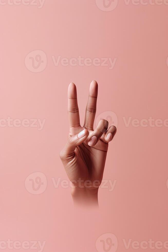 Human Hand Making a Peace Sign on Pastel Red Backgound, Generative AI. photo