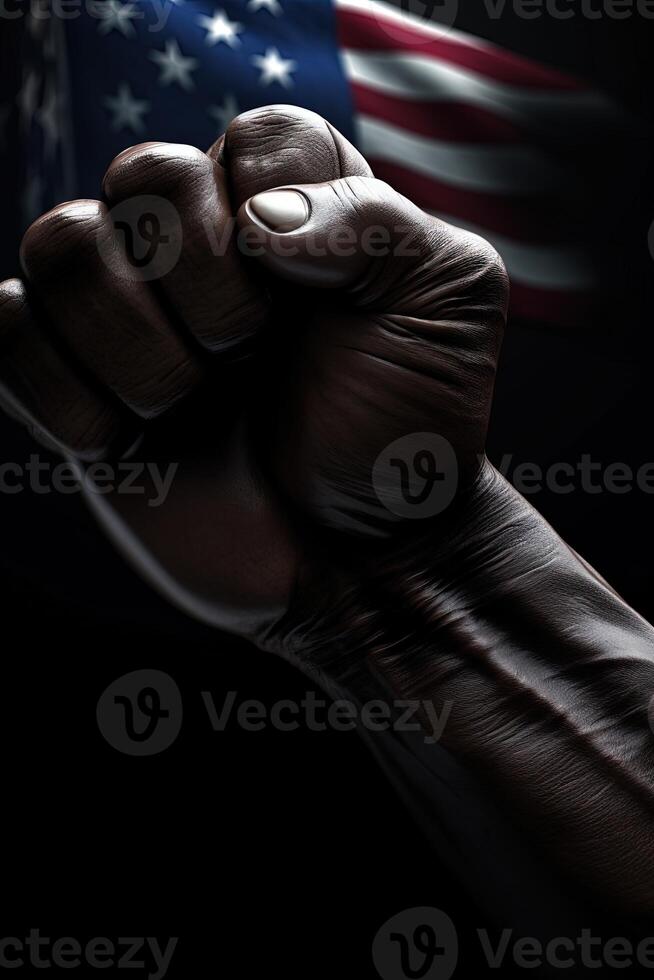 Closeup Photography of Raising Human Fist with USA National Flag on Dark Background, Concept of Protest Resistance, Standing Up for Beliefs Fighting and Justice. . photo