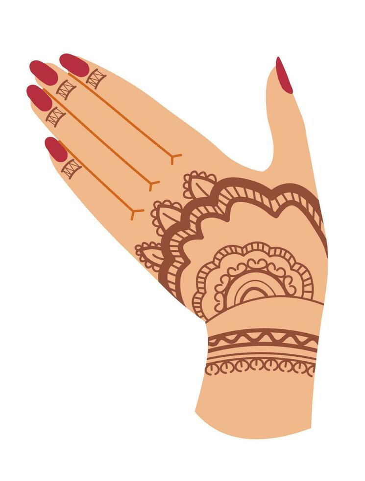 Hand of woman with manicure and henna designs vector