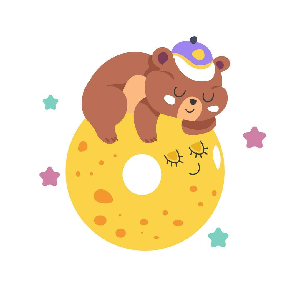 soñoliento oso personaje en lleno Luna con estrellas vector