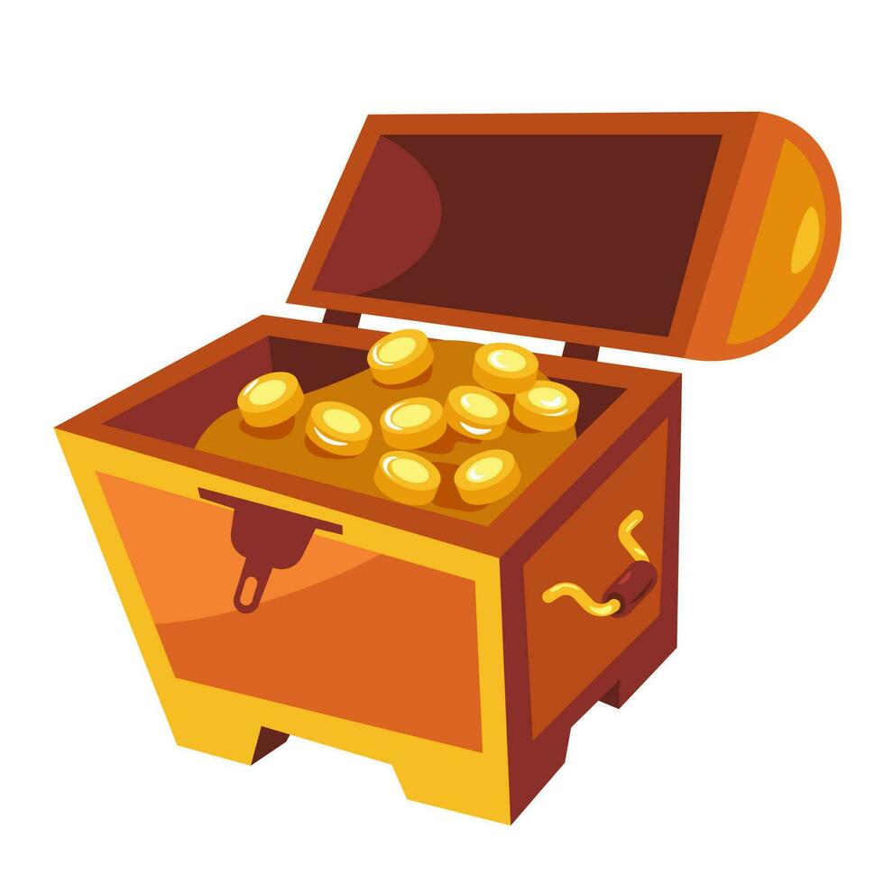 dinero oro, dorado monedas tesoro en de madera caja vector